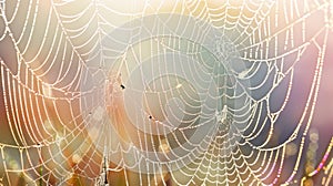 Glistening Dew Drops on Intricate Spiderweb at Sunrise