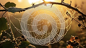 The glistening dew drops on a spiders web resemble a delicate string of fairy lights lighting up the backlit scenery