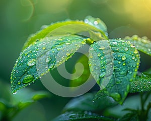Glistening Dew Drops on a Vibrant Green Leaf The droplets blur into the green