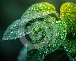 Glistening Dew Drops on a Vibrant Green Leaf The droplets blur into the green