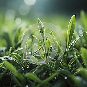 Glistening Dew Drops on Young Shoots of Grass at Dawn