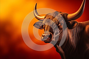 Glistening gold bull close-up, red gradient background, symbolic of prosperity, lucrative investment