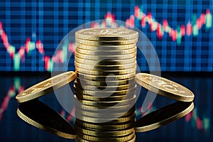 Glistening gold coins with stock market graph backdrop