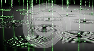 Digital Rain Binary Code Drops Creating Ripples on Dark Water