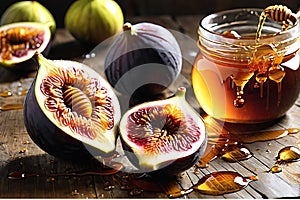 Glistening Honey Drizzled over Ripe Figs Juxtaposed Against a Rustic Wooden Table - Shallow Depth of Culinary Elegance