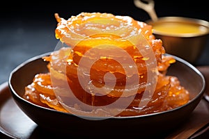 Glistening loops Indian jalebi, fried to perfection in pure ghee, selectively focused photo