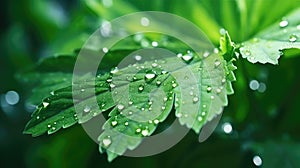 Glistening macro dew or raindrops adorn a vibrant green leaf, Ai Generated