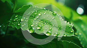 Glistening macro dew or raindrops adorn a vibrant green leaf, Ai Generated