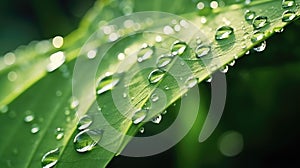 Glistening macro dew or raindrops adorn a vibrant green leaf, Ai Generated