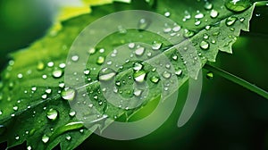 Glistening macro dew or raindrops adorn a vibrant green leaf, Ai Generated