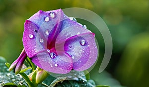 Glistening Morning Glory: Close-Up of Dewdrops on Petals. Flower Backgroud