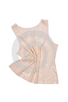 Glistening pink female top, isolated champagne sparkly blouse on white, evening wear has ivory colour, creamy spangle spiffy shirt