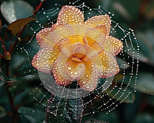 Glistening raindrops on a spider web