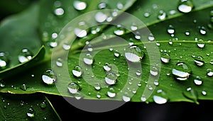 Glistening raindrops on vibrant green leaf in morning sunlight, natures artistry on display