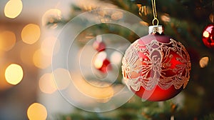 A glistening red ornament hangs on a Christmas tree, casting a festive glow with bokeh lights, evoking the enchantment of the