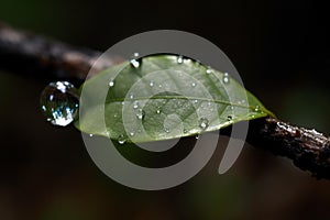 Glistening water droplet on leaf