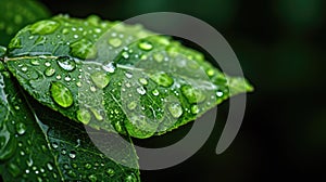 Glistening water droplets adorn a vibrant leaf, creating a mesmerizing natural spectacle. Ai Generated