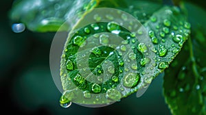 Glistening water droplets adorn a vibrant leaf, creating a mesmerizing natural spectacle. Ai Generated