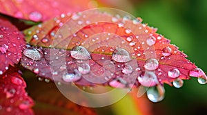 Glistening water droplets adorn a vibrant leaf, creating a mesmerizing natural spectacle. Ai Generated