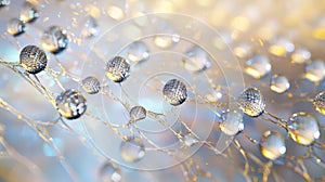 Glistening water droplets on textured surface reflect golden light, creating mesmerizing abstract pattern, evoking photo