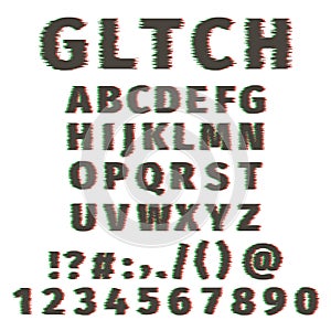 Glitch alphabet distorted font letters and numbers. Vector set with broken pixel effect,old distorted TV matrix effect.