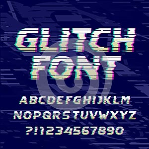 Glitch alphabet font. Damaged type letters and numbers on a glitched background.