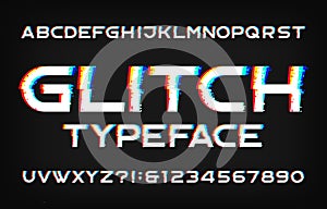 Glitch alphabet font. Digital distort letters and numbers on black background.