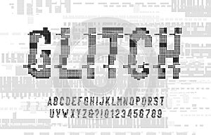 Glitch alphabet font. Digital distorted pixel letters and numbers.