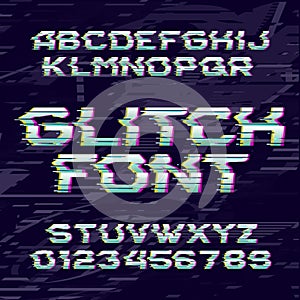 Glitch alphabet font. Distorted type letters and numbers on a glitched background.