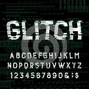 Glitch alphabet font. Distressed type letters and numbers on dark glitched background.