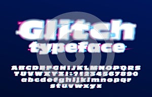 Glitch alphabet font. Glowing letters and numbers.