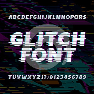 Glitch alphabet font. oblique type letters and numbers on a glitched background.