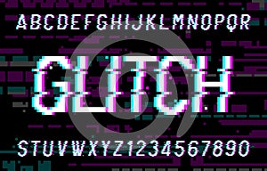 Glitch alphabet font. Pixel distorted letters and numbers.