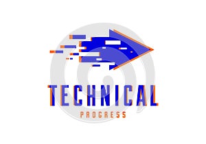 Glitch arrow vector logo symbolizes technical and technological progress, future science and digital effect, motion and speed