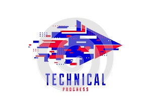 Glitch arrow vector logo symbolizes technical and technological progress, future science and digital effect, motion and speed