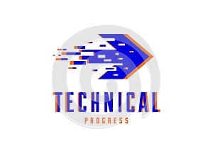 Glitch arrow vector logo symbolizes technical and technological progress, future science and digital effect, motion and speed