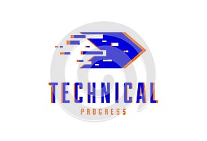 Glitch arrow vector logo symbolizes technical and technological progress, future science and digital effect, motion and speed