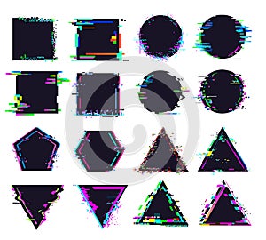 Glitch black frames of different shape. Distorted signal, square and round, triangle and polygonal figures