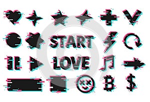 Glitch black icons set. Gemetric shape, star, heart. Vector signs collection on white background. Phrase love photo