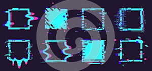 Glitch broken frames. Distortion dynamic square elements, noise defect geometry figures isolated vector illustration