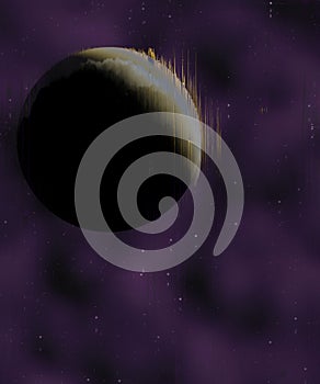 Glitch cyberpunk Moon or planet in purple Cosmos Universe. Glitch effect illustration of apocalyptic wind effect acid