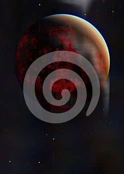 Glitch cyberpunk red Moon or planet in Cosmos Universe. Wind effect illustration of apocalyptic earth or planet acid