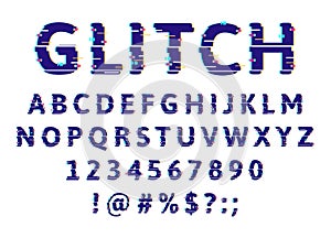 Glitch damage alphabet. Error pixel noise abs font, technical glitch problems letters and numbers. Damaged effect font