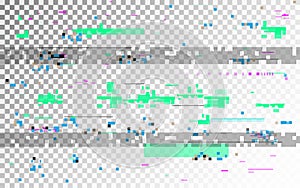 Glitch digital distortion on transparent background. Horizontal VHS noise and random elements. Old video template with