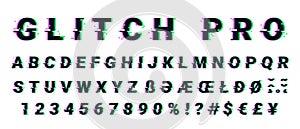 Glitch distorted font letter set with broken pixel effect