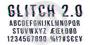 Glitch distorted font letter set with broken pixel effect