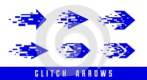 Glitch effect arrows vector set, collection of cursors in technology dynamic style, perfect graphic design elements for use as