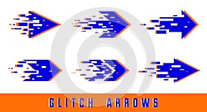 Glitch effect arrows vector set, collection of cursors in technology dynamic style, perfect graphic design elements for use as