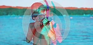 Glitch effect Banner Boy in a diving mask on the beach Sea tourism travel