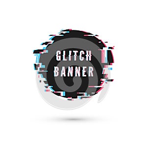 Glitch effect. Circle advertising banner. Digital technology poster. Vector illustration isolated on white background